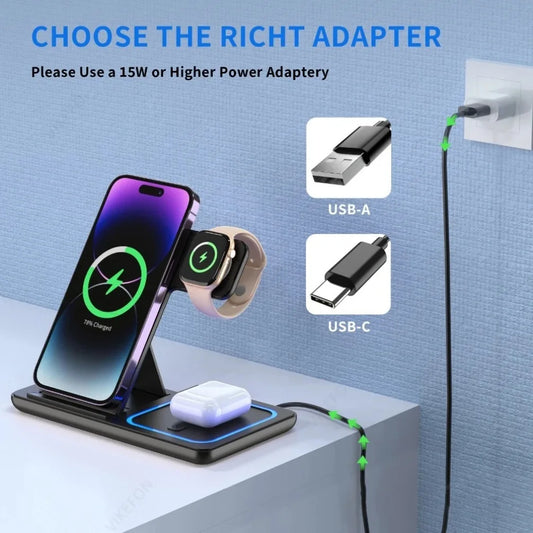 3-in-1 Wireless Charging Station with 30W Fast Charging & Foldable Stand