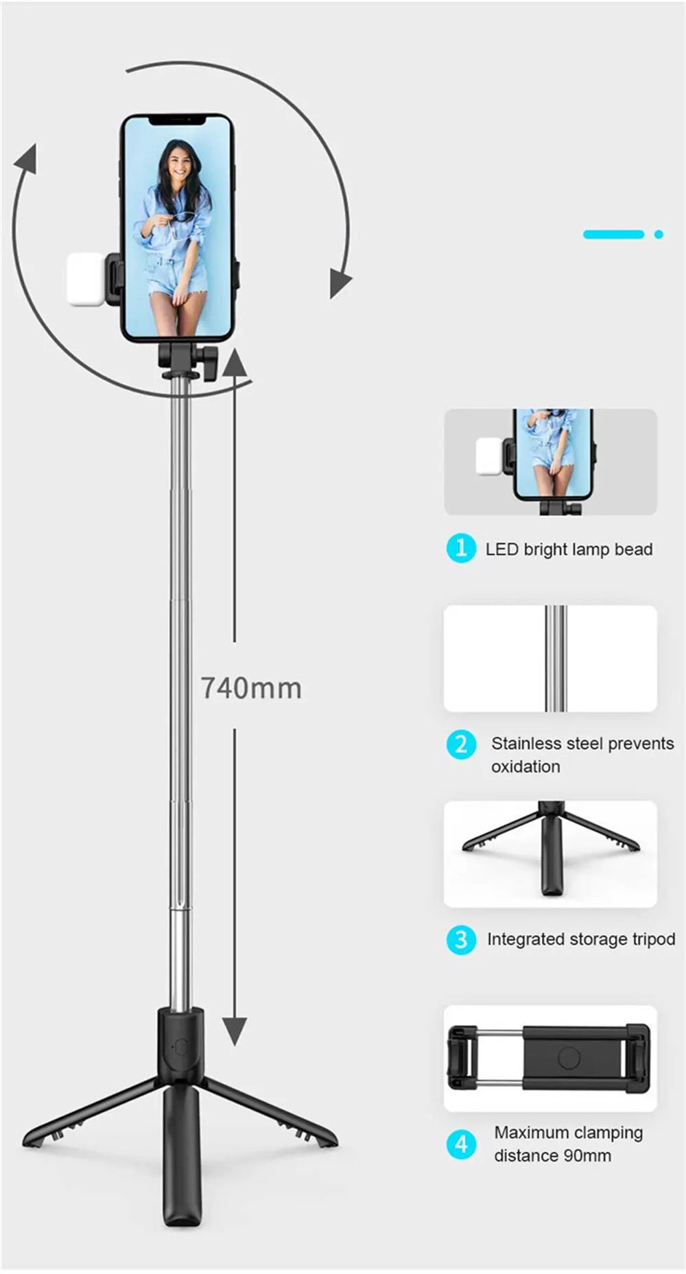 3-in-1 Selfie Stick Tripod with Bluetooth Remote & LED Fill Light