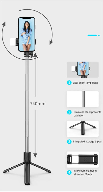 3-in-1 Selfie Stick Tripod with Bluetooth Remote & LED Fill Light