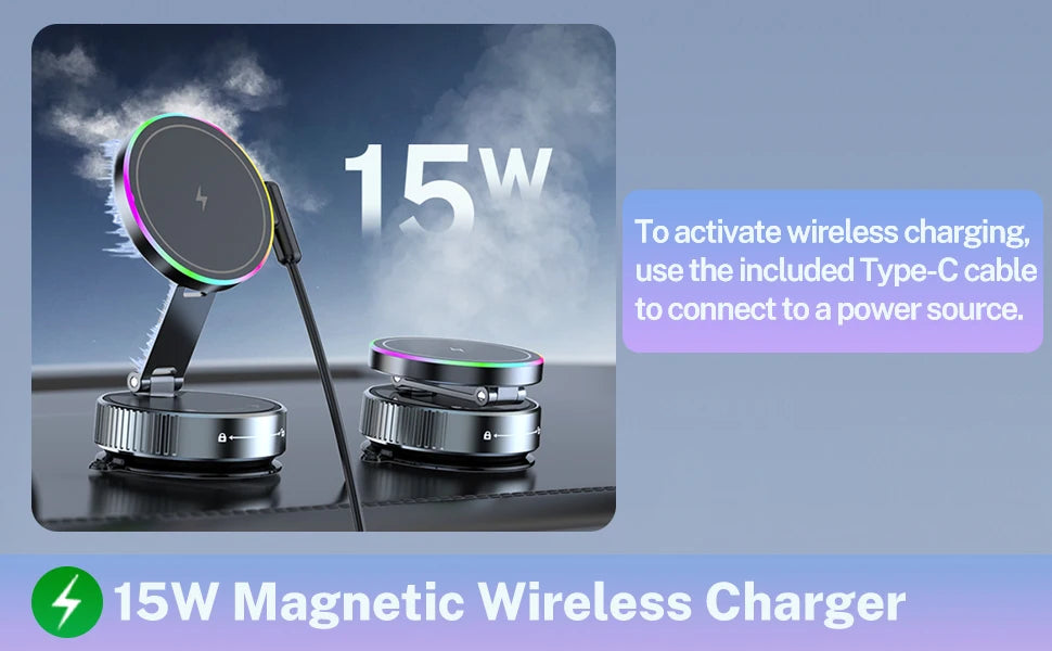 Magnetic Car Charger with Active Cooling, RGB Light & 360° Rotation
