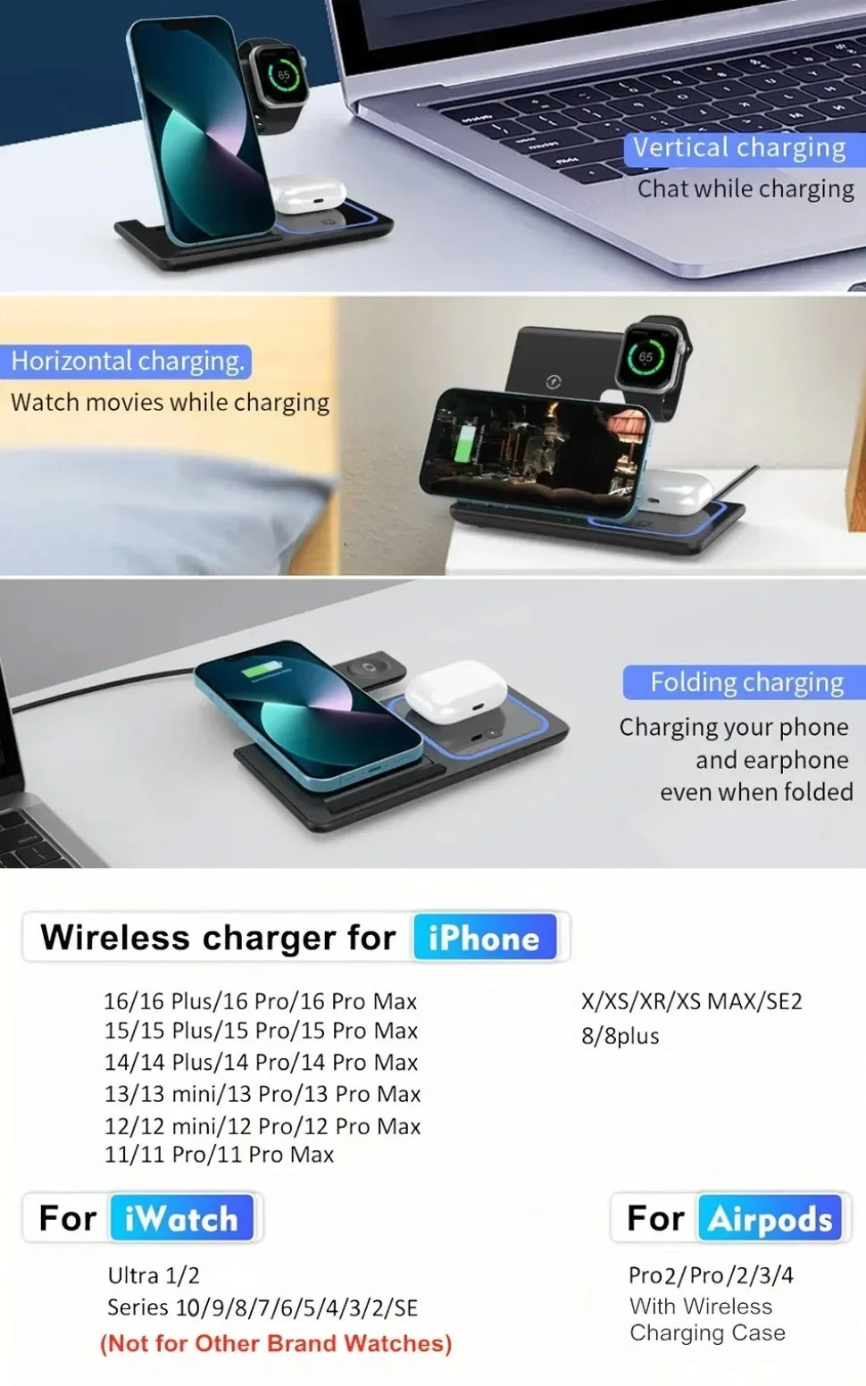 3-in-1 Wireless Charging Station with 30W Fast Charging & Foldable Stand