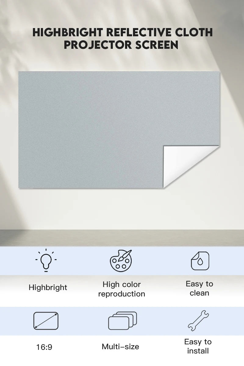 Reflective Projection Screen Cloth for DLP, LED & 3D Projectors (72″–133″)