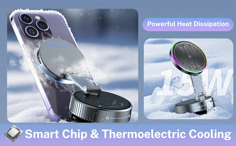 Magnetic Car Charger with Active Cooling, RGB Light & 360° Rotation