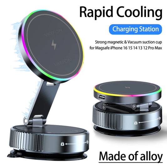 Cooling Wireless Charger Car Phone Holder with Breathing RGB Light Magnetic Suction Cellphone Bracket  for iPhone 12/13/14/15/16