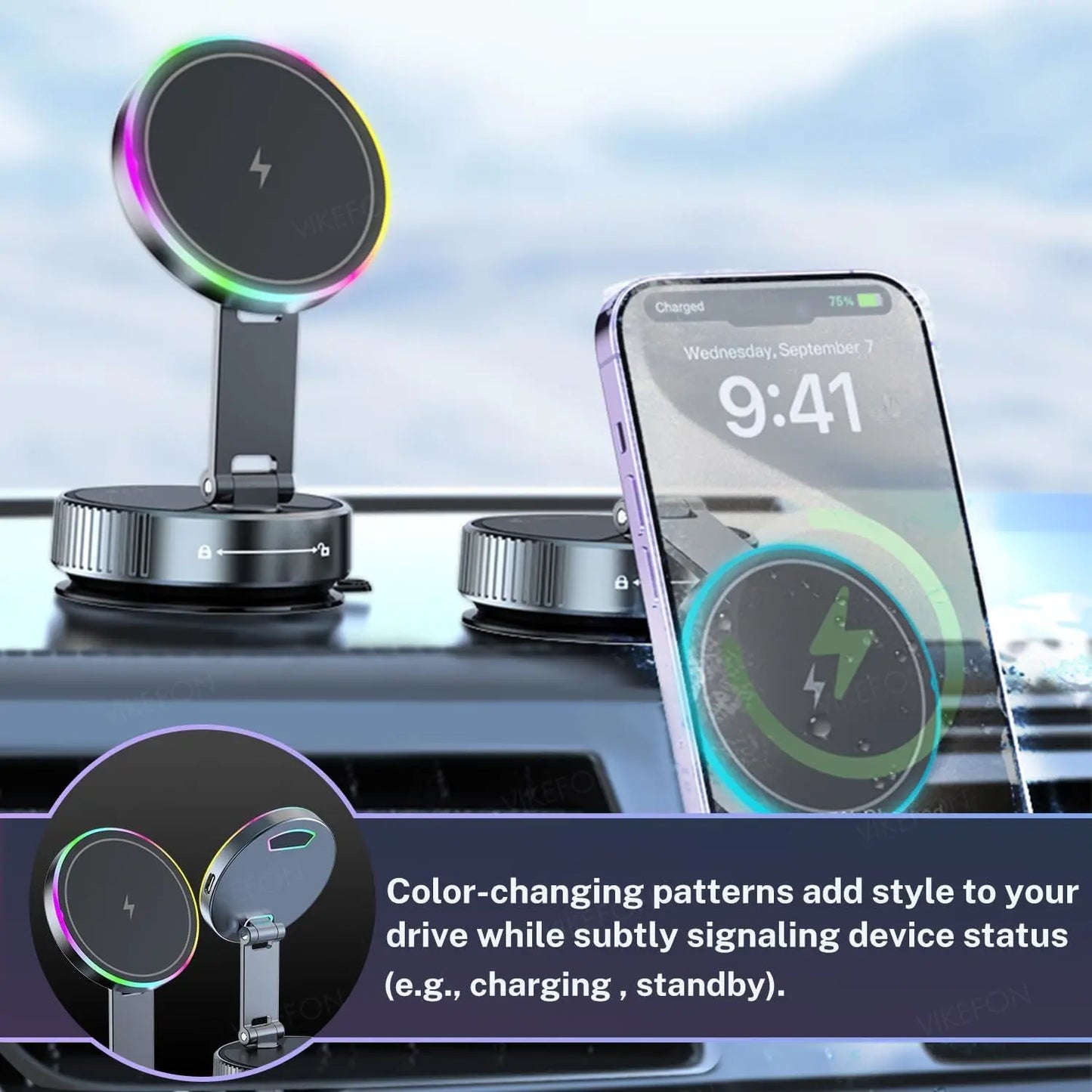 Magnetic Car Charger with Active Cooling, RGB Light & 360° Rotation